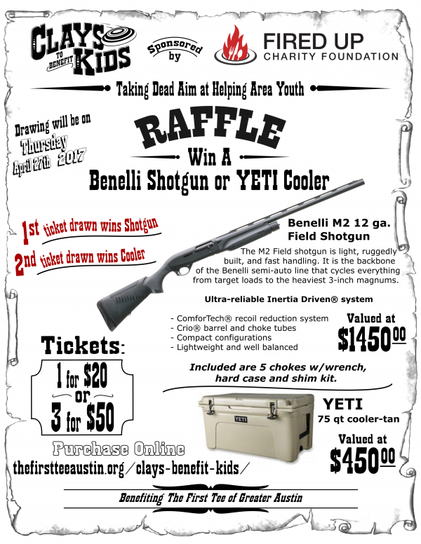 Clays to benefit Kids raffle flyer First Tee Greater Austin